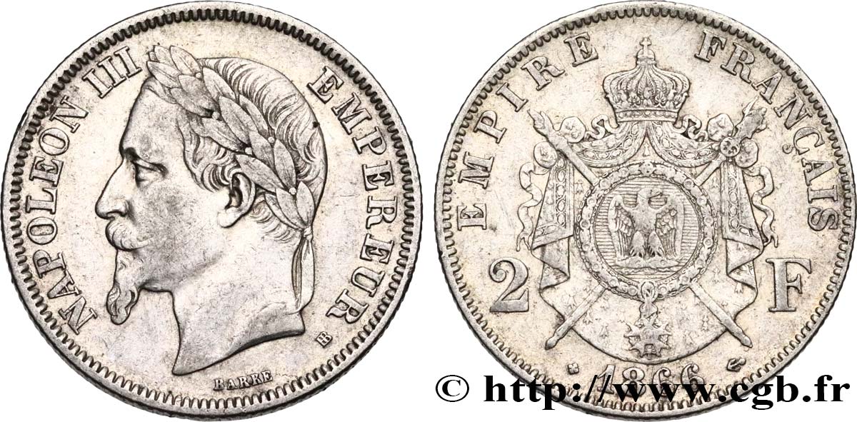 2 francs Napoléon III, tête laurée 1866 Strasbourg F.263/3 VF 