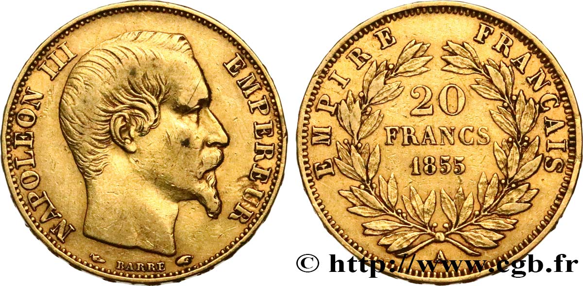 20 francs or Napoléon III, tête nue 1855 Paris F.531/3 XF40 