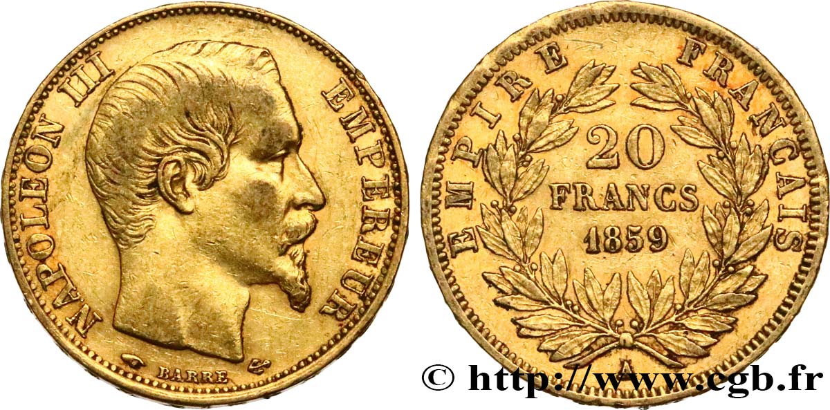 20 francs or Napoléon III, tête nue 1859 Paris F.531/15 BB42 