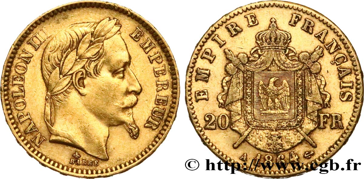 20 francs or Napoléon III, tête laurée 1864 Paris F.532/8 TTB45 