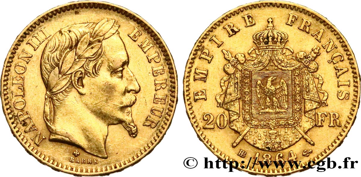 20 francs or Napoléon III, tête laurée 1864 Strasbourg F.532/9 MBC48 