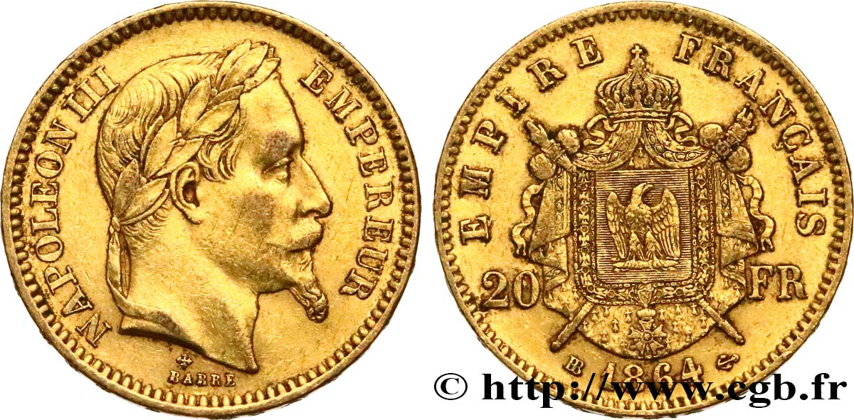 20 francs or Napoléon III, tête laurée 1864 Strasbourg F.532/9 SS48 
