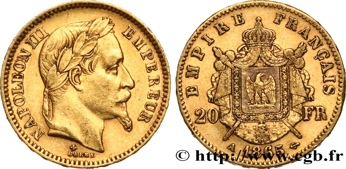 20 francs or Napoléon III, tête laurée 1865 Paris F.532/11 MBC48 