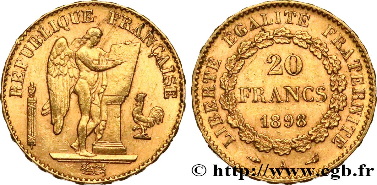 20 francs or Génie, Troisième République 1898 Paris F.533/23 MBC50 