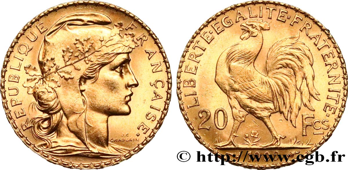 20 francs or Coq, Liberté Égalité Fraternité 1909 Paris F.535/3 MS 