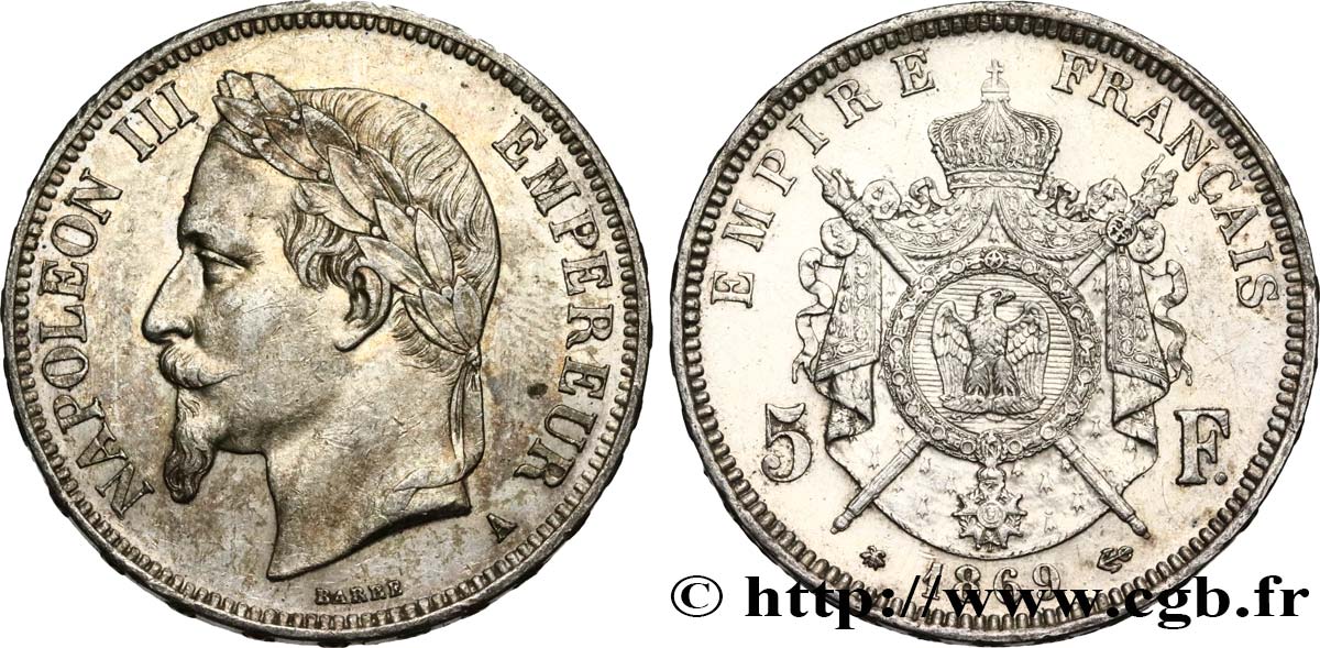 5 francs Napoléon III, tête laurée 1869 Paris F.331/14 AU 