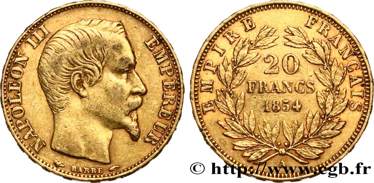 20 francs or Napoléon III, tête nue 1854 Paris F.531/2 SS40 