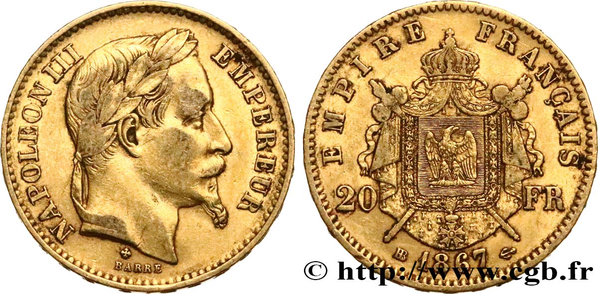 20 francs or Napoléon III, tête laurée 1867 Strasbourg F.532/16 TB35 