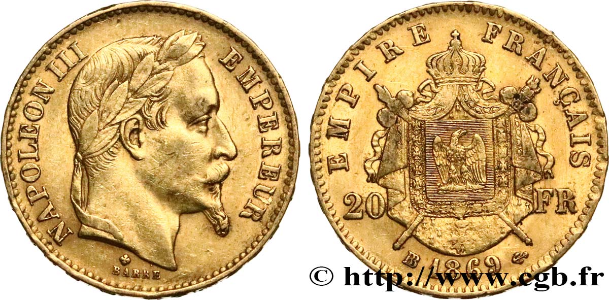 20 francs or Napoléon III, tête laurée, grand BB 1869 Strasbourg F.532/22 TTB45 