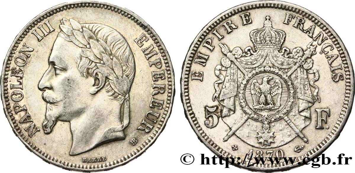 5 francs Napoléon III, tête laurée 1870 Strasbourg F.331/17 XF 