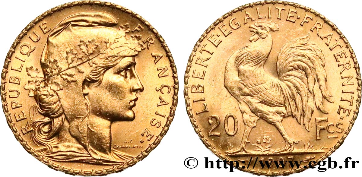 20 francs or Coq, Liberté Égalité Fraternité 1907 Paris F.535/1 SUP+ 