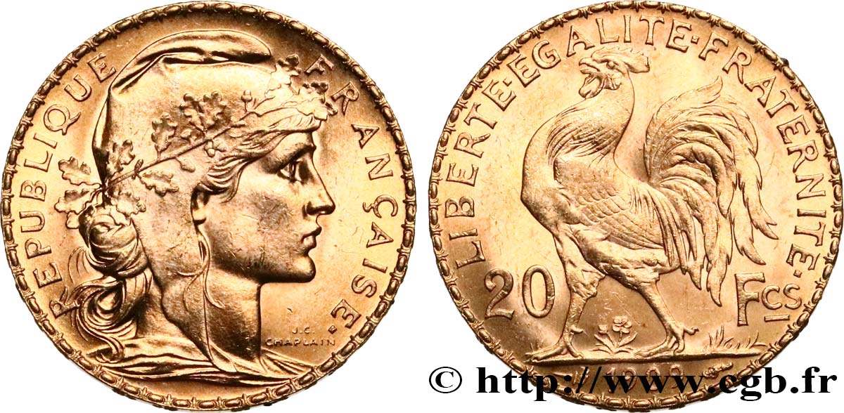 20 francs or Coq, Liberté Égalité Fraternité 1909 Paris F.535/3 MS 