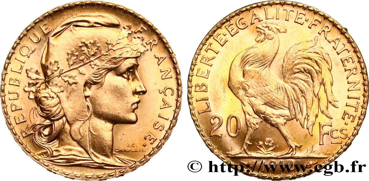 20 francs or Coq, Liberté Égalité Fraternité 1910 Paris F.535/4 SPL 