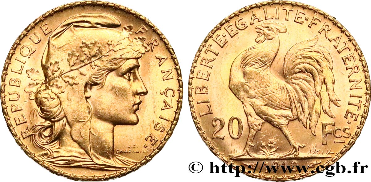 20 francs or Coq, Liberté Égalité Fraternité 1910 Paris F.535/4 MS 