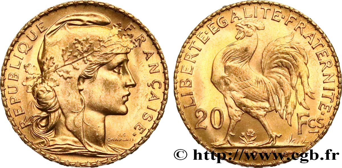 20 francs or Coq, Liberté Égalité Fraternité 1911  F.535/5 EBC+ 