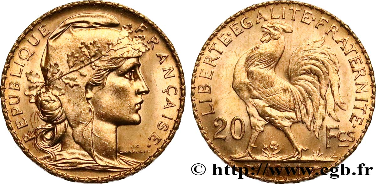 20 francs or Coq, Liberté Égalité Fraternité 1911  F.535/5 MS 