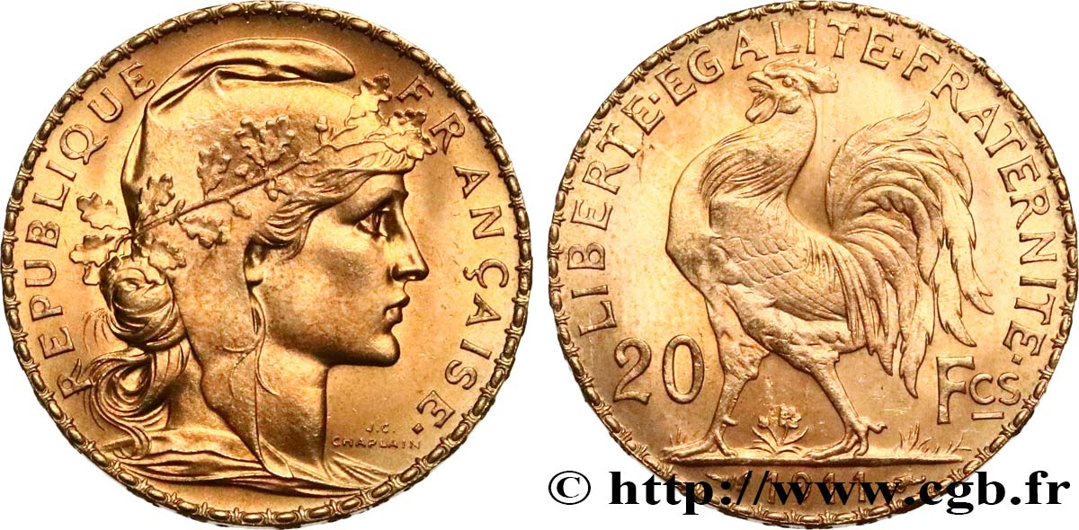 20 francs or Coq, Liberté Égalité Fraternité 1911  F.535/5 fST 