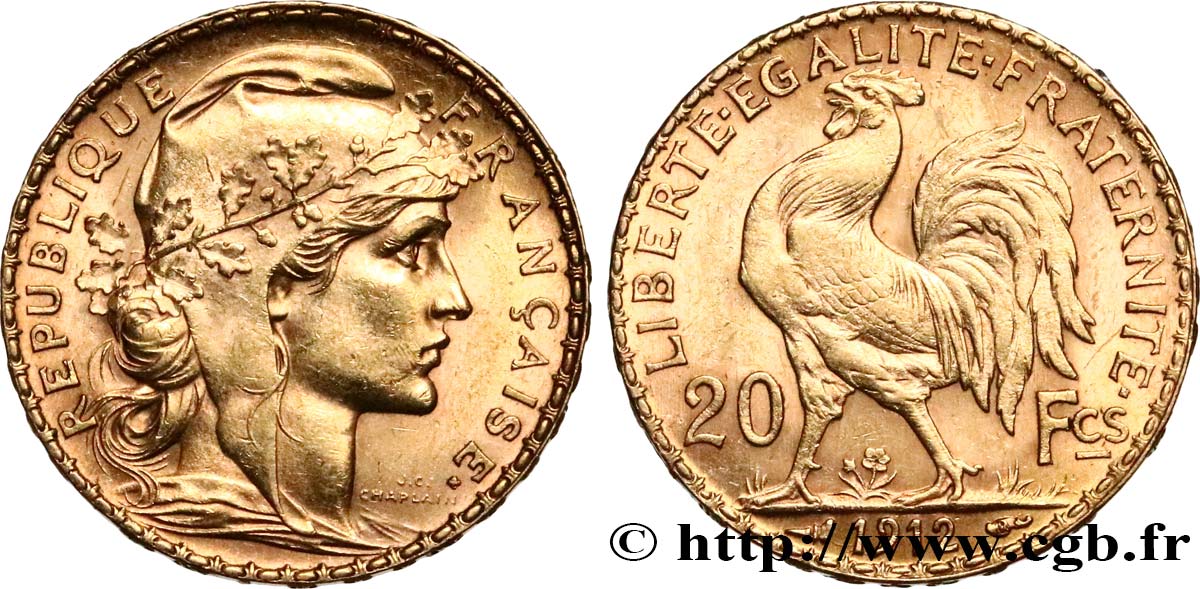 20 francs or Coq, Liberté Égalité Fraternité 1912 Paris F.535/6 SUP 