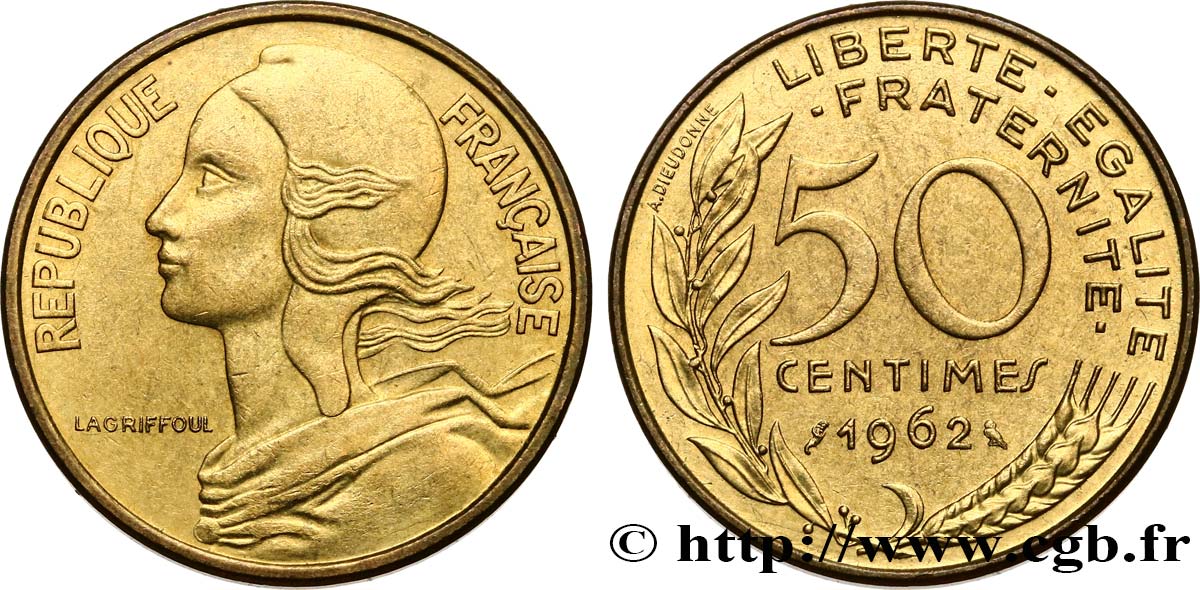 50 centimes Marianne, col à 4 plis 1962 Paris F.197/3 AU52 