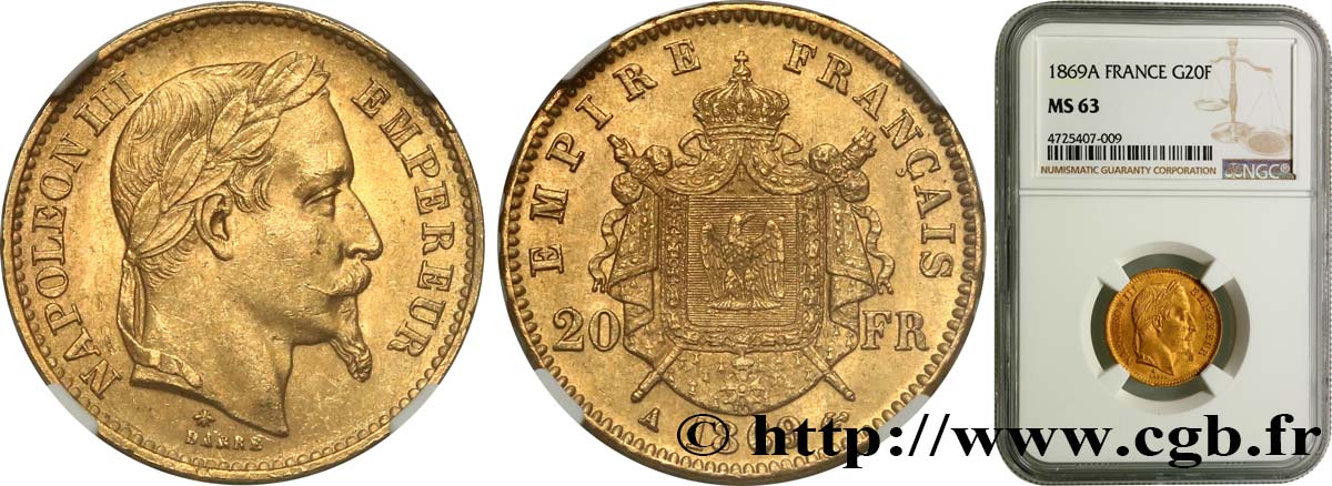 20 francs or Napoléon III, tête laurée 1869 Paris F.532/20 MS63 NGC