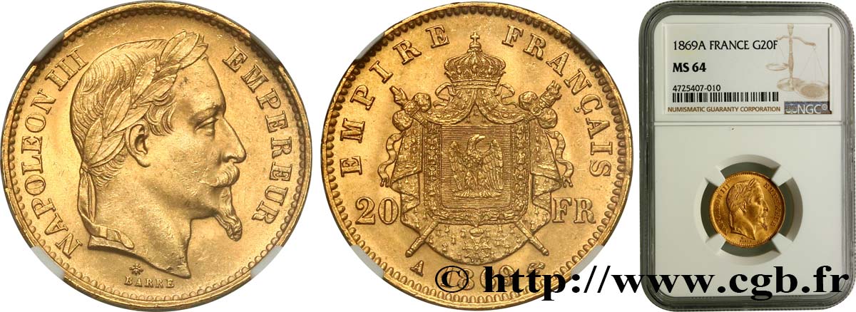 20 francs or Napoléon III, tête laurée 1869 Paris F.532/20 SPL64 NGC