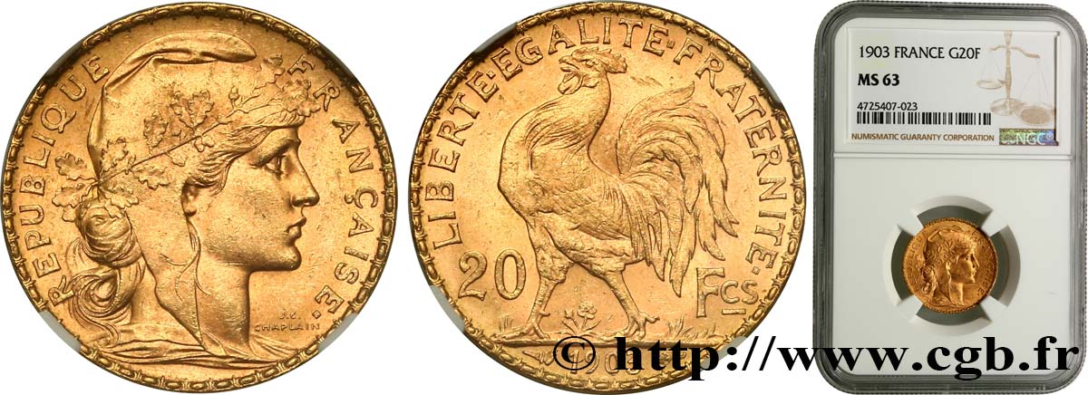 20 francs or Coq, Dieu protège la France 1903 Paris F.534/8 MS63 NGC