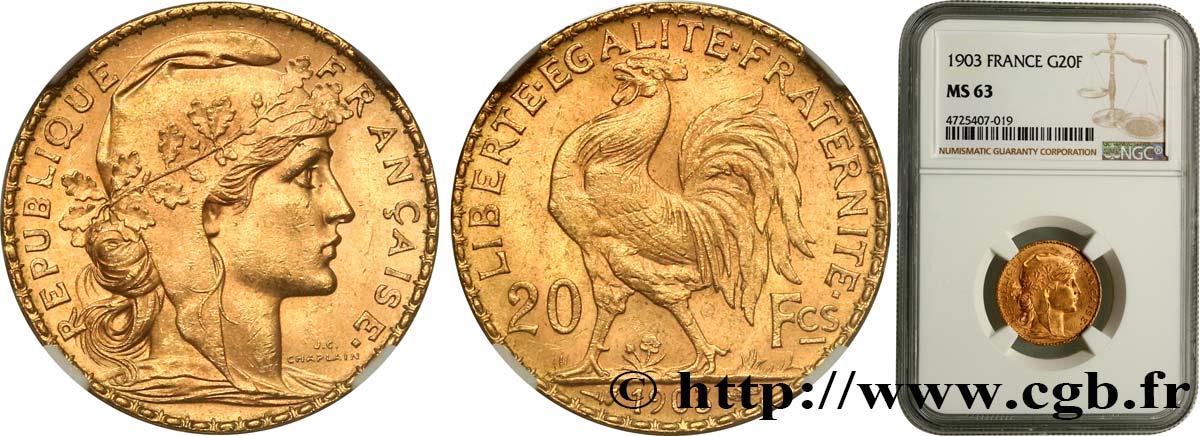 20 francs or Coq, Dieu protège la France 1903 Paris F.534/8 SPL63 NGC
