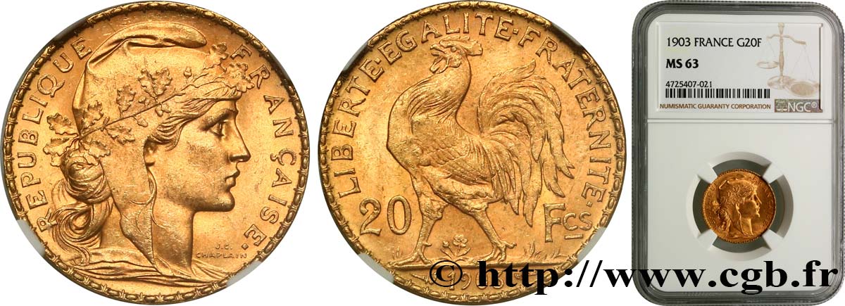 20 francs or Coq, Dieu protège la France 1903 Paris F.534/8 MS63 NGC