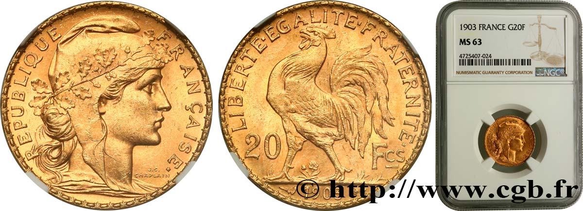 20 francs or Coq, Dieu protège la France 1903 Paris F.534/8 fST63 NGC
