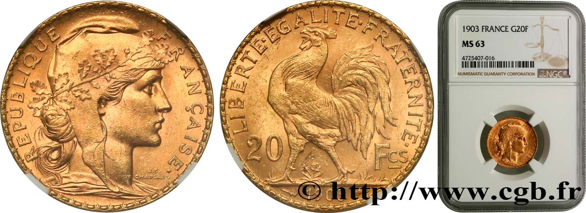 20 francs or Coq, Dieu protège la France 1903 Paris F.534/8 SC63 NGC