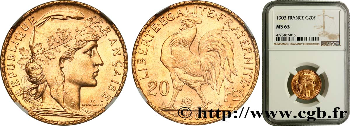 20 francs or Coq, Dieu protège la France 1903 Paris F.534/8 SPL63 NGC