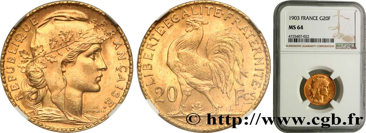 20 francs or Coq, Dieu protège la France 1903 Paris F.534/8 SC64 NGC