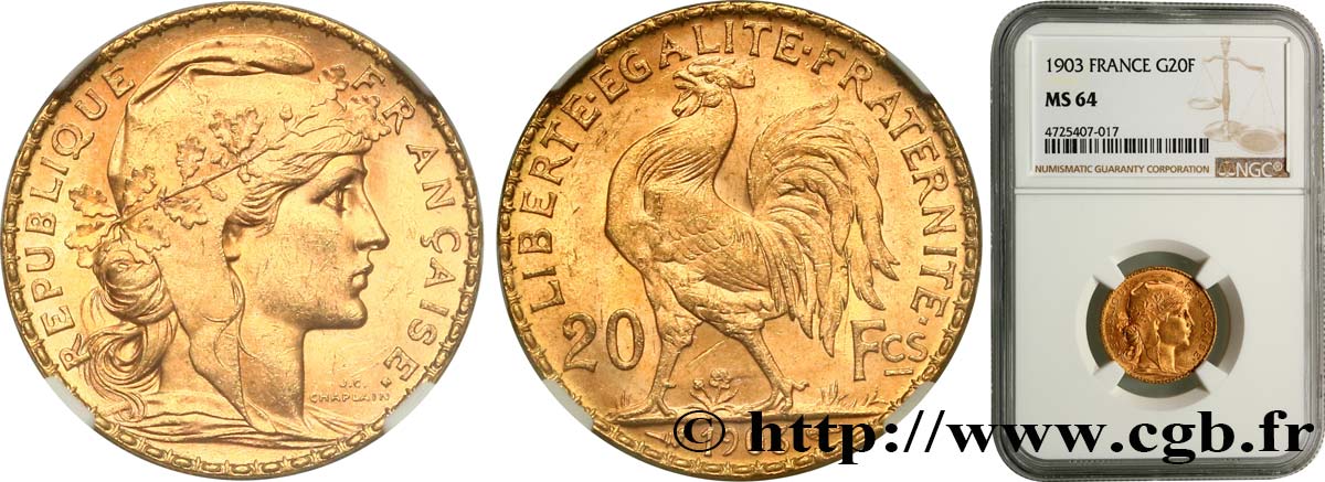 20 francs or Coq, Dieu protège la France 1903 Paris F.534/8 fST64 NGC