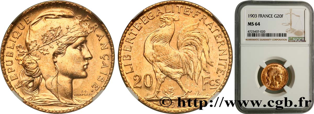 20 francs or Coq, Dieu protège la France 1903 Paris F.534/8 fST64 NGC