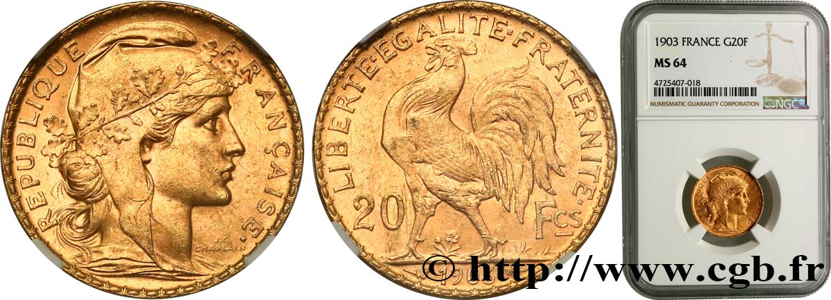 20 francs or Coq, Dieu protège la France 1903 Paris F.534/8 MS64 NGC