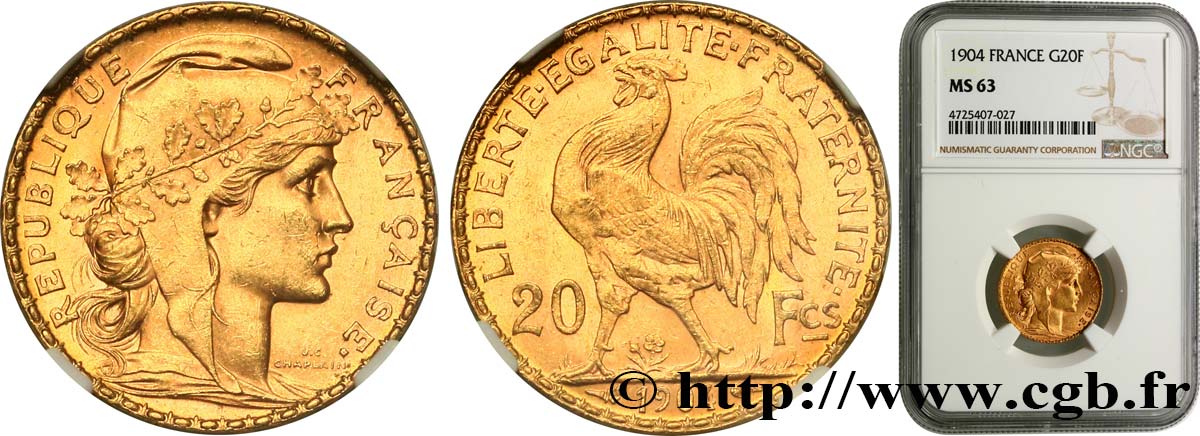 20 francs or Coq, Dieu protège la France 1904 Paris F.534/9 MS63 NGC