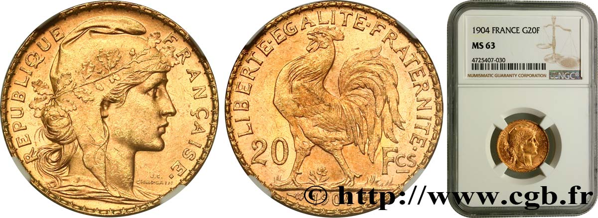 20 francs or Coq, Dieu protège la France 1904 Paris F.534/9 MS63 NGC