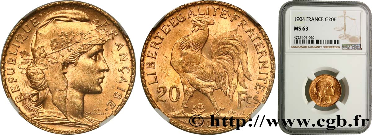 20 francs or Coq, Dieu protège la France 1904 Paris F.534/9 SC63 NGC