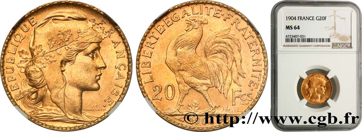 20 francs or Coq, Dieu protège la France 1904 Paris F.534/9 MS64 NGC