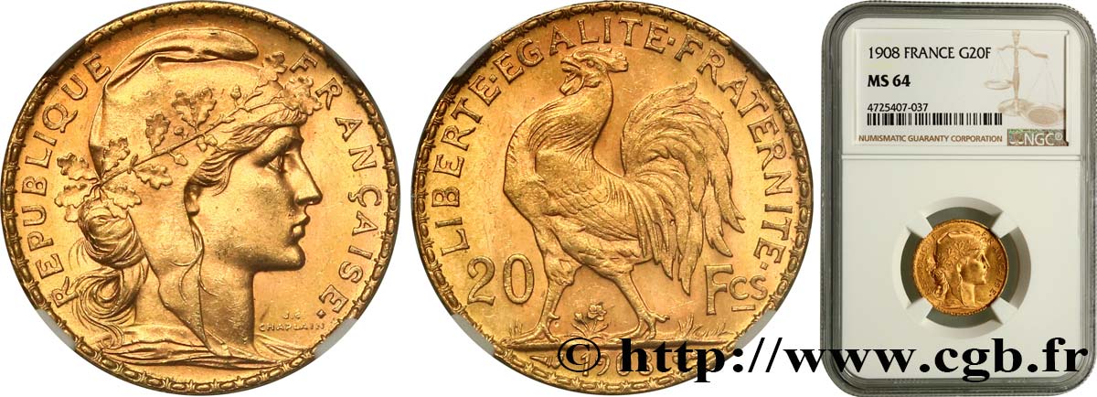 20 francs or Coq, Liberté Égalité Fraternité 1908 Paris F.535/2 MS64 NGC