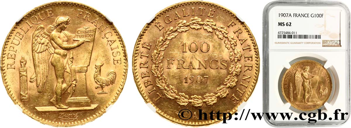 100 francs or Génie, tranche inscrite en relief Liberté Égalité Fraternité 1907 Paris F.553/1 SUP62 NGC
