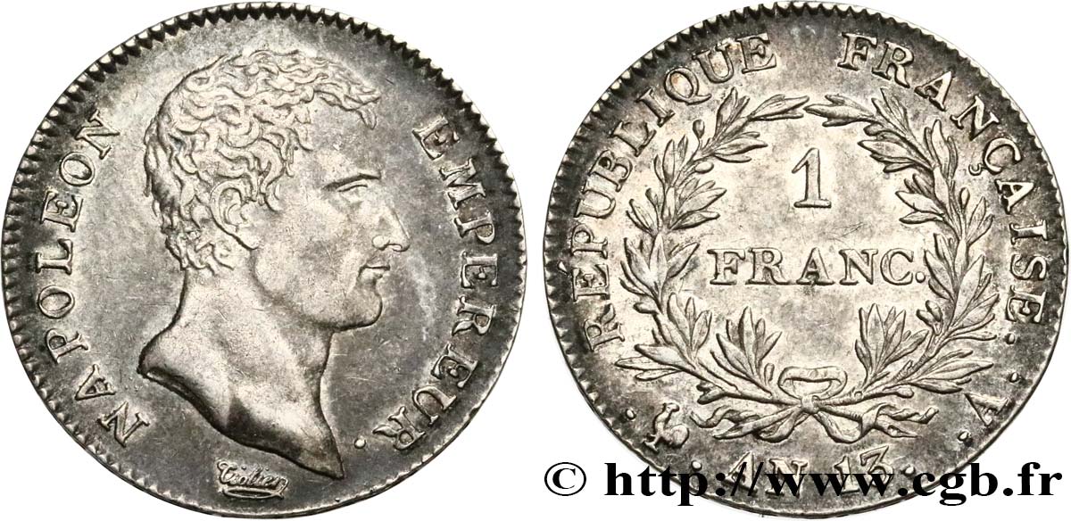 1 franc Napoléon Empereur, Calendrier révolutionnaire 1805 Paris F.201/14 AU50 
