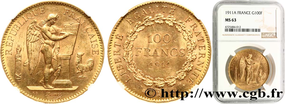 100 francs or Génie, tranche inscrite en relief Liberté Égalité Fraternité 1911 Paris F.553/5 MS63 NGC