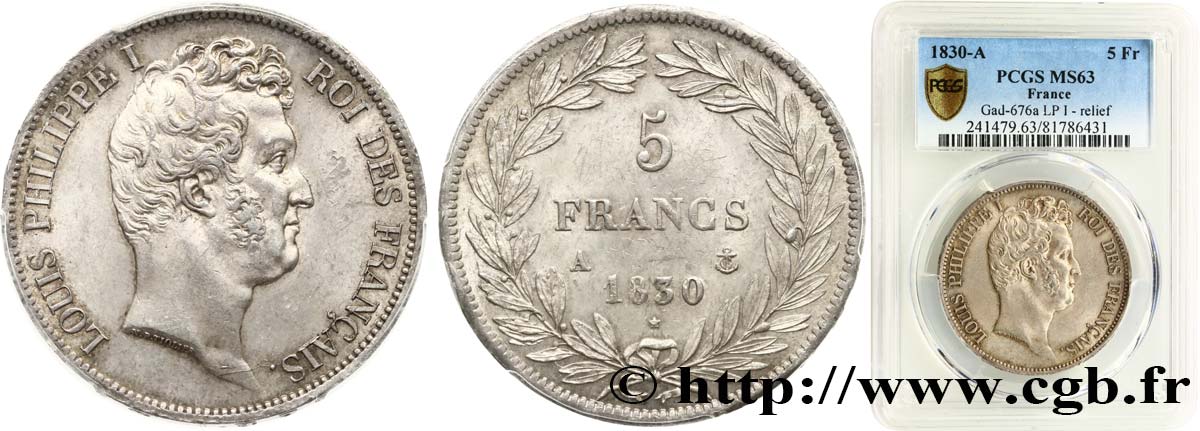5 francs type Tiolier avec le I, tranche en relief 1830 Paris F.316/1 SPL63 PCGS