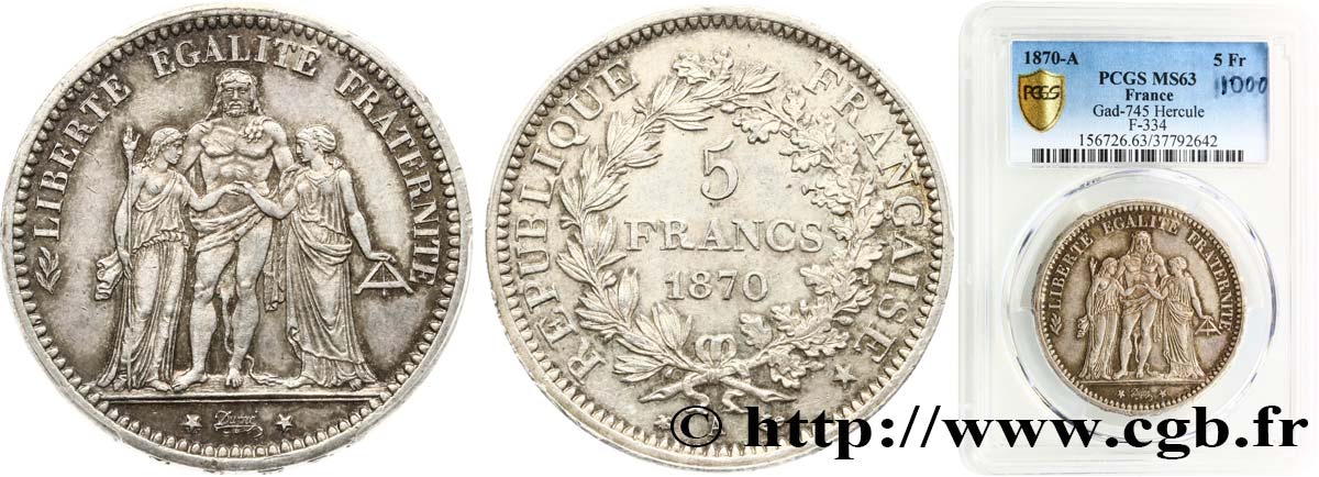 5 francs Hercule 1870 Paris F.334/1 fST63 PCGS