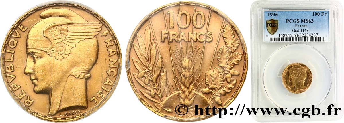 100 francs or, Bazor 1935 Paris F.554/6 fST63 PCGS