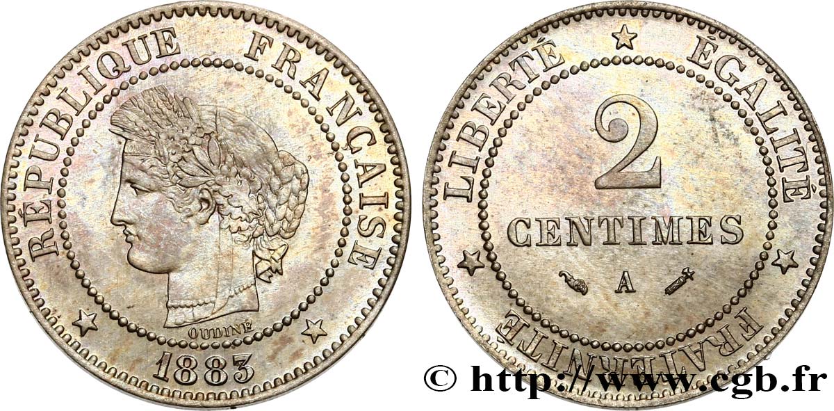 Épreuve de 2 centimes Cérès en maillechort 1883 Paris GEM.5 4 fST63 
