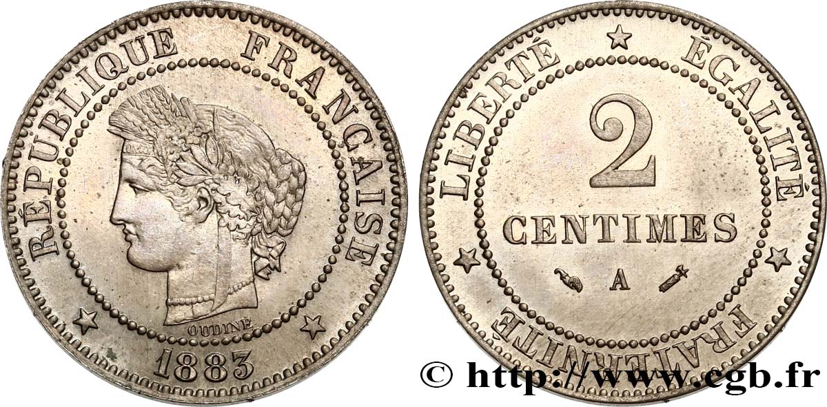 Épreuve de 2 centimes Cérès en maillechort 1883 Paris GEM.5 4 MS63 