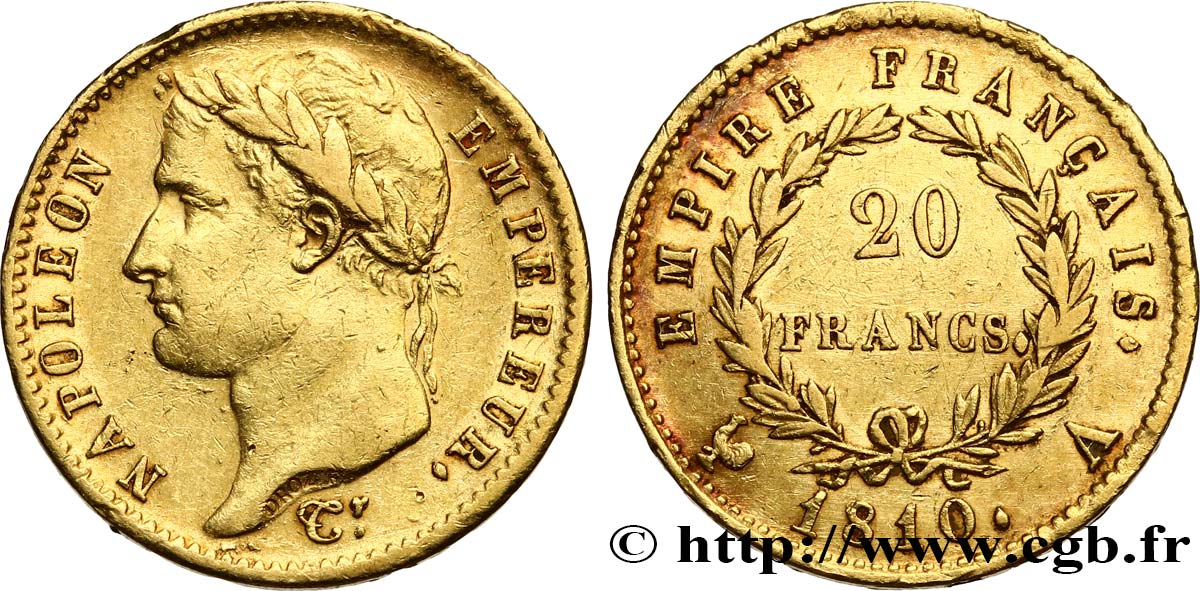 20 francs or Napoléon tête laurée, Empire français 1810 Paris F.516/8 MBC42 