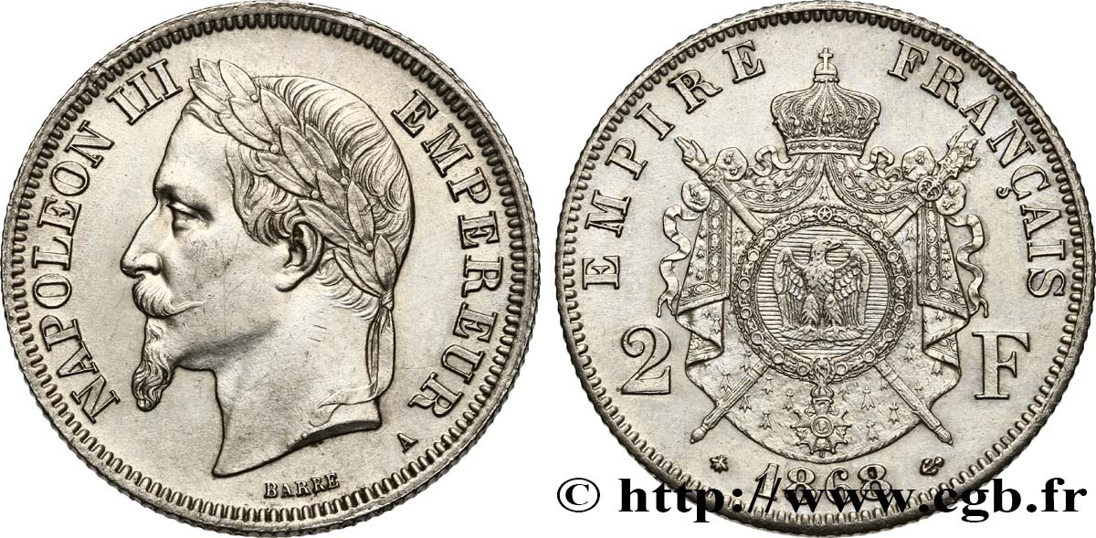 2 francs Napoléon III, tête laurée 1868 Paris F.263/8 AU 